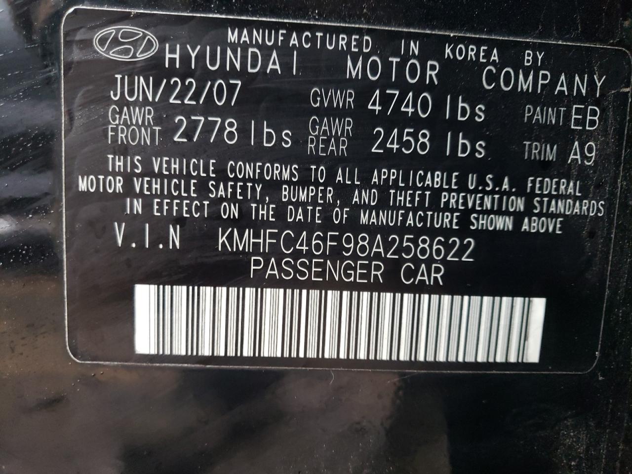 Photo 10 from auction – 2008 HYUNDAI AZERA SE with VIN KMHFC46F98A258622