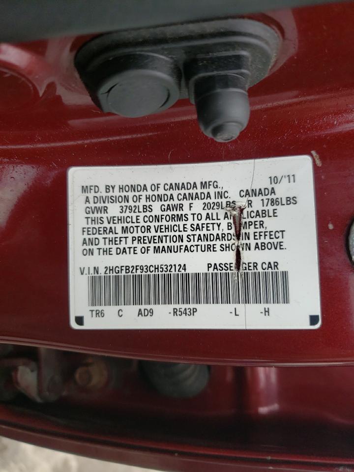 Photo 10 from auction – 2012 HONDA CIVIC EXL with VIN 2HGFB2F93CH532124