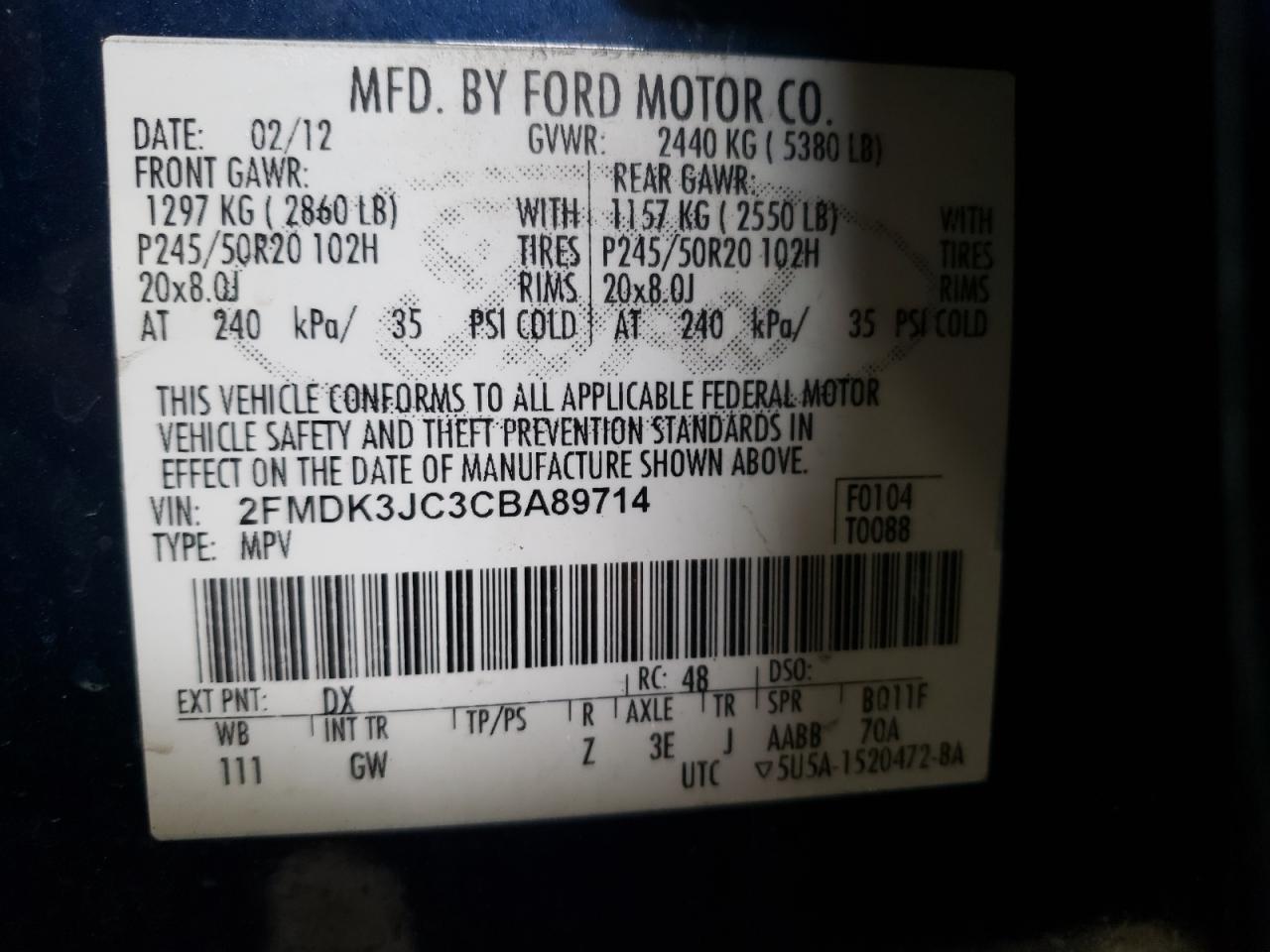 Photo 10 from auction – 2012 FORD EDGE SEL with VIN 2FMDK3JC3CBA89714