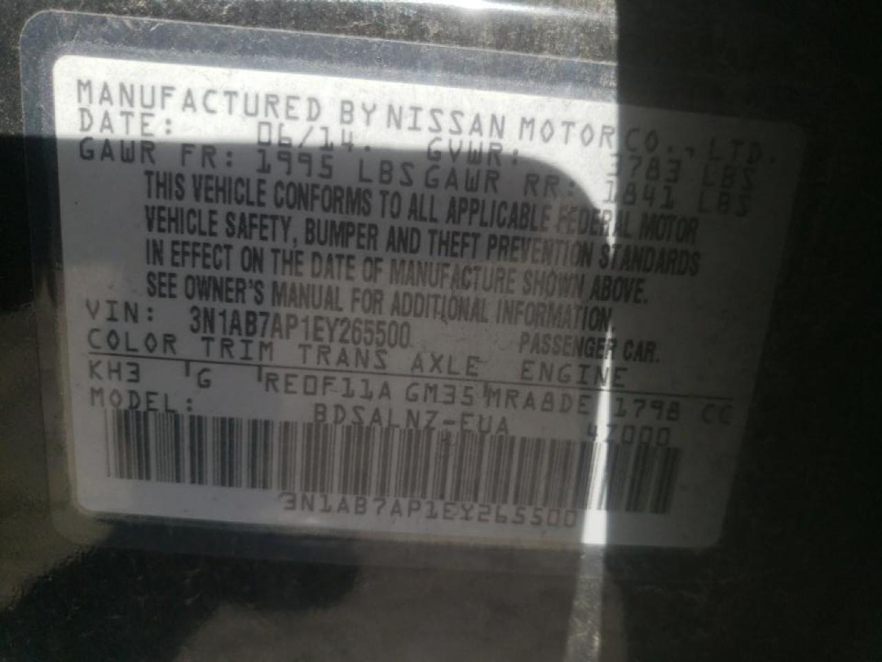 Photo 10 from auction – 2014 NISSAN SENTRA S with VIN 3N1AB7AP1EY265500