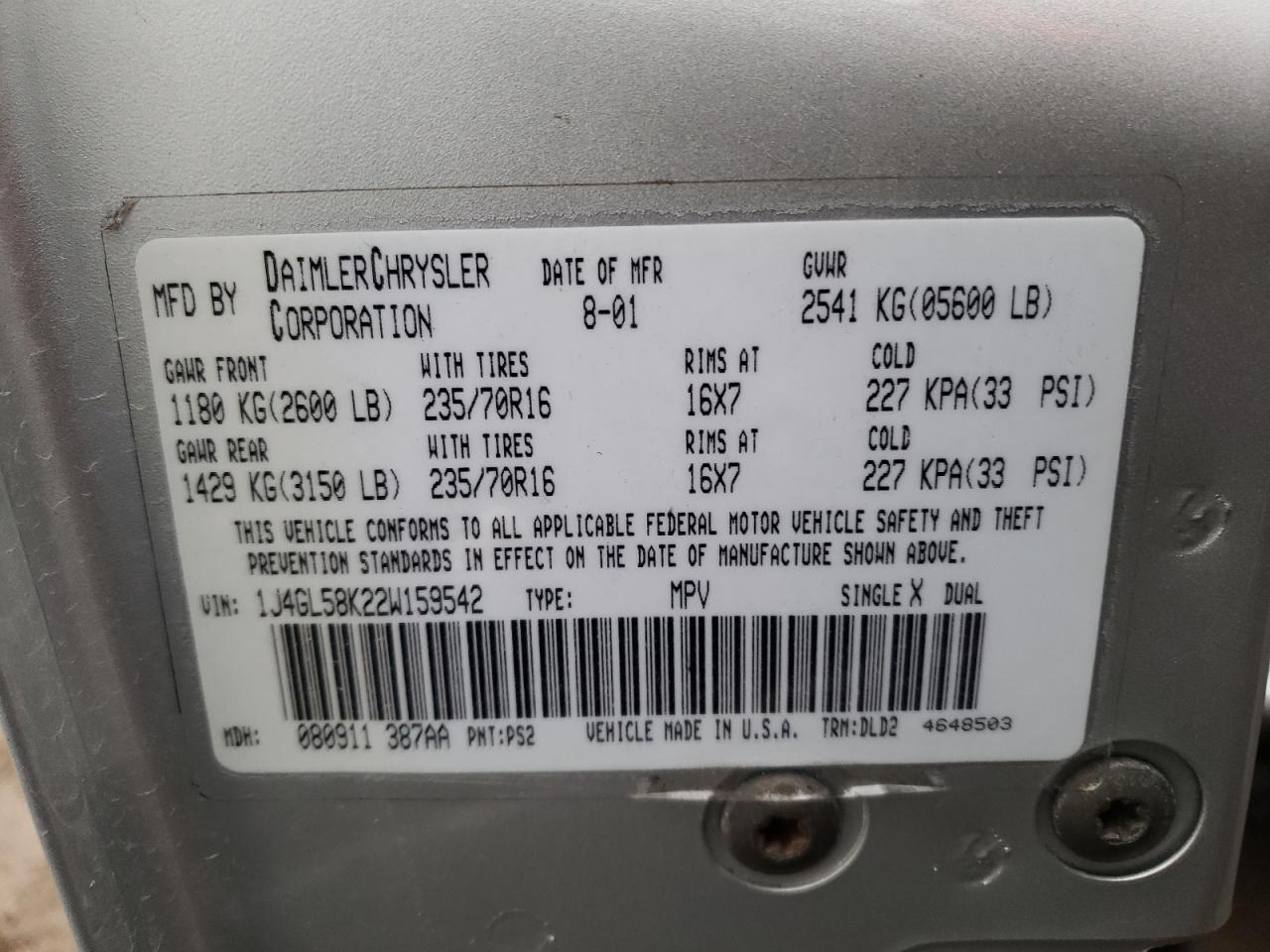 Photo 10 from auction – 2002 JEEP LIBERTY LI with VIN 1J4GL58K22W159542
