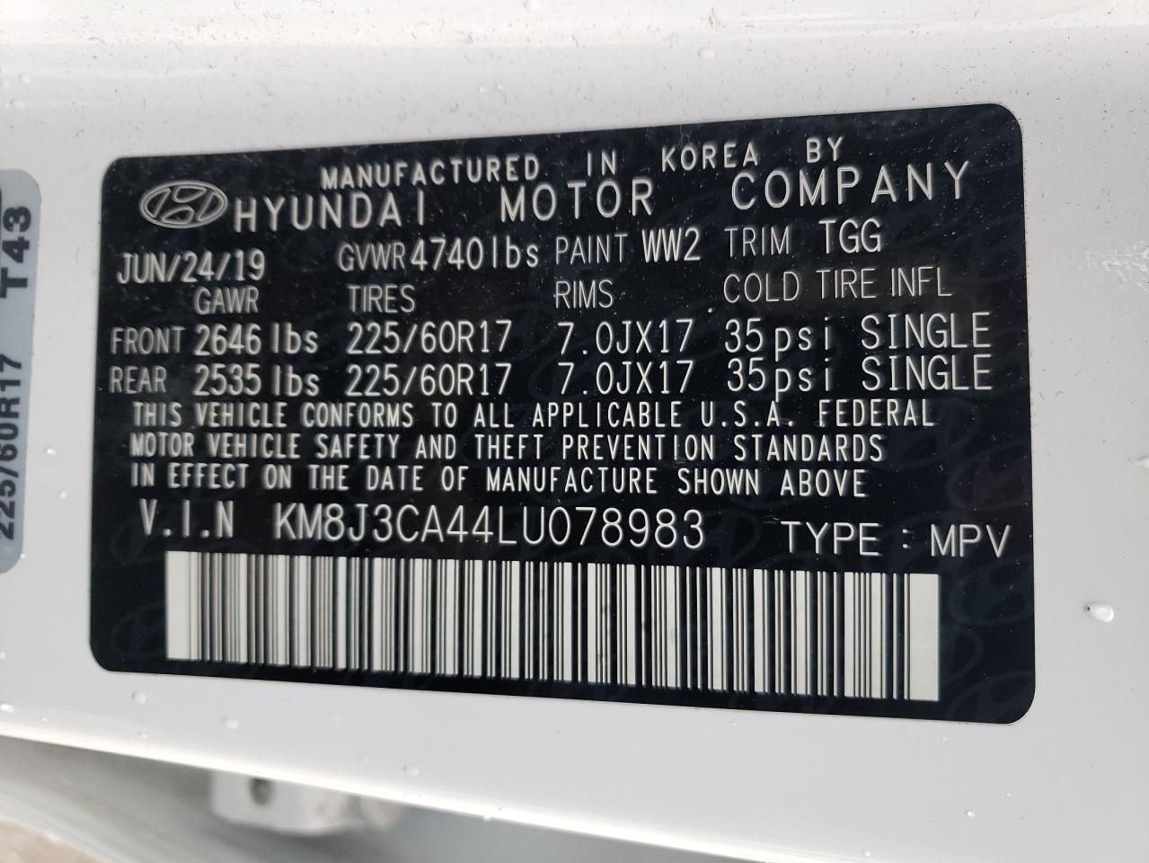 Photo 10 from auction – 2020 HYUNDAI TUCSON LIM with VIN KM8J3CA44LU078983