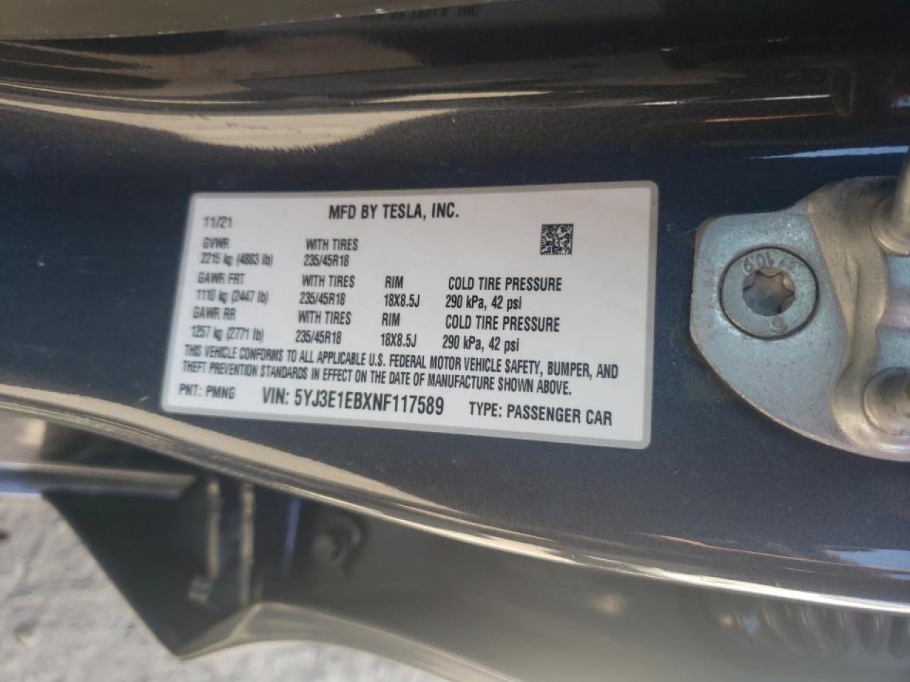 Photo 10 from auction – 2022 TESLA MODEL 3 with VIN 5YJ3E1EBXNF117589