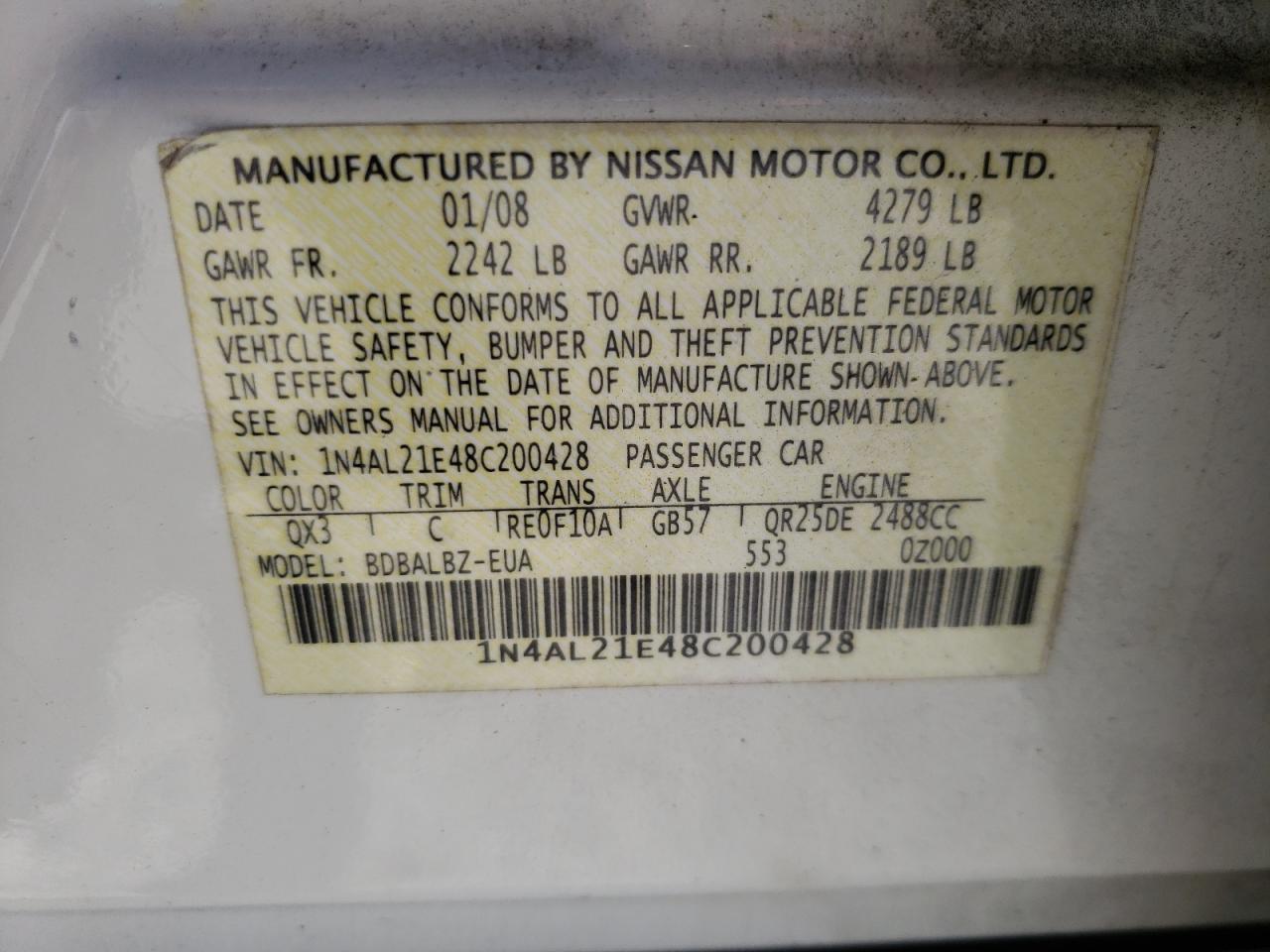 Photo 10 from auction – 2008 NISSAN ALTIMA 2.5 with VIN 1N4AL21E48C200428