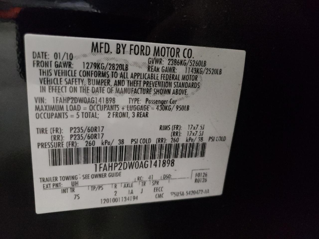 Photo 10 from auction – 2010 FORD TAURUS SE with VIN 1FAHP2DW0AG141898
