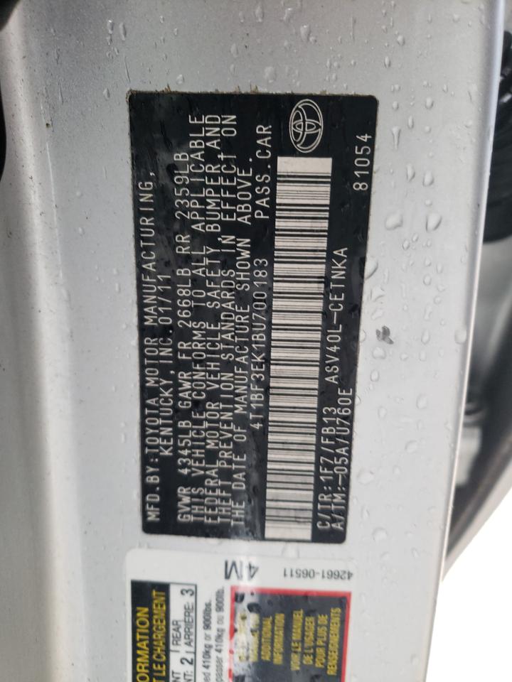 Photo 10 from auction – 2011 TOYOTA CAMRY BASE with VIN 4T1BF3EK1BU700183