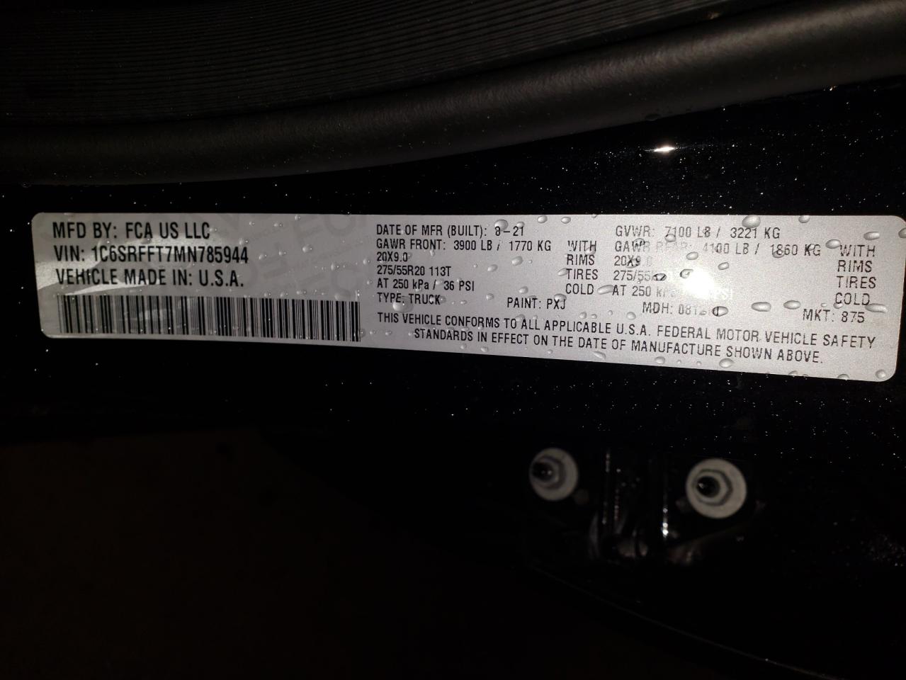 Photo 10 from auction – 2021 RAM 1500 BIG H with VIN 1C6SRFFT7MN785944