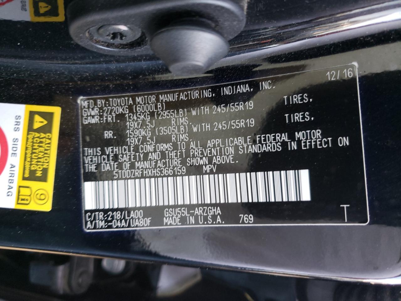 Photo 10 from auction – 2017 TOYOTA HIGHLANDER with VIN 5TDDZRFHXHS366159