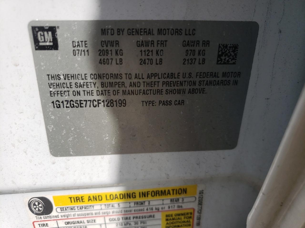 Photo 10 from auction – 2012 CHEVROLET MALIBU LTZ with VIN 1G1ZG5E77CF128199