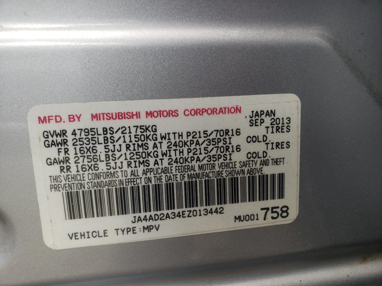 Photo 10 from auction – 2014 MITSUBISHI OUTLANDER with VIN JA4AD2A34EZ013442