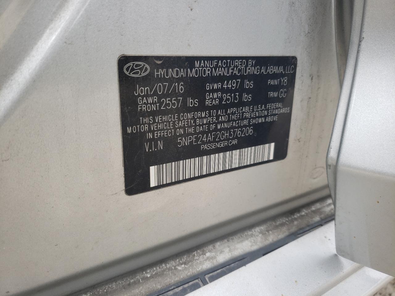 Photo 10 from auction – 2016 HYUNDAI SONATA SE with VIN 5NPE24AF2GH376206