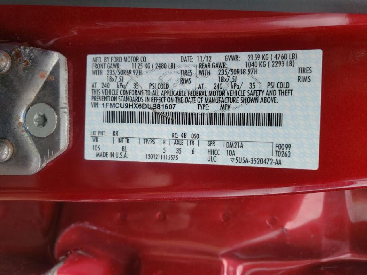 Photo 10 from auction – 2013 FORD ESCAPE SEL with VIN 1FMCU9HX6DUB81607