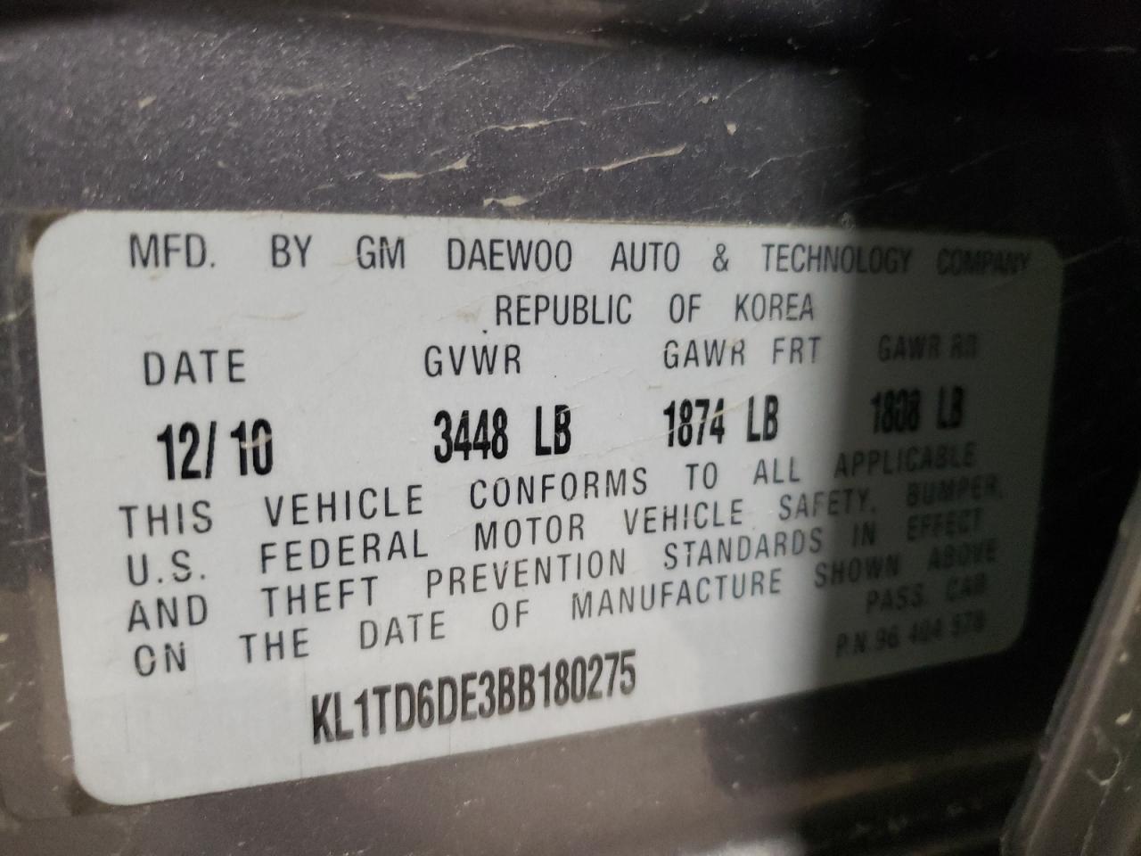 Photo 10 from auction – 2011 CHEVROLET AVEO LS with VIN KL1TD6DE3BB180275