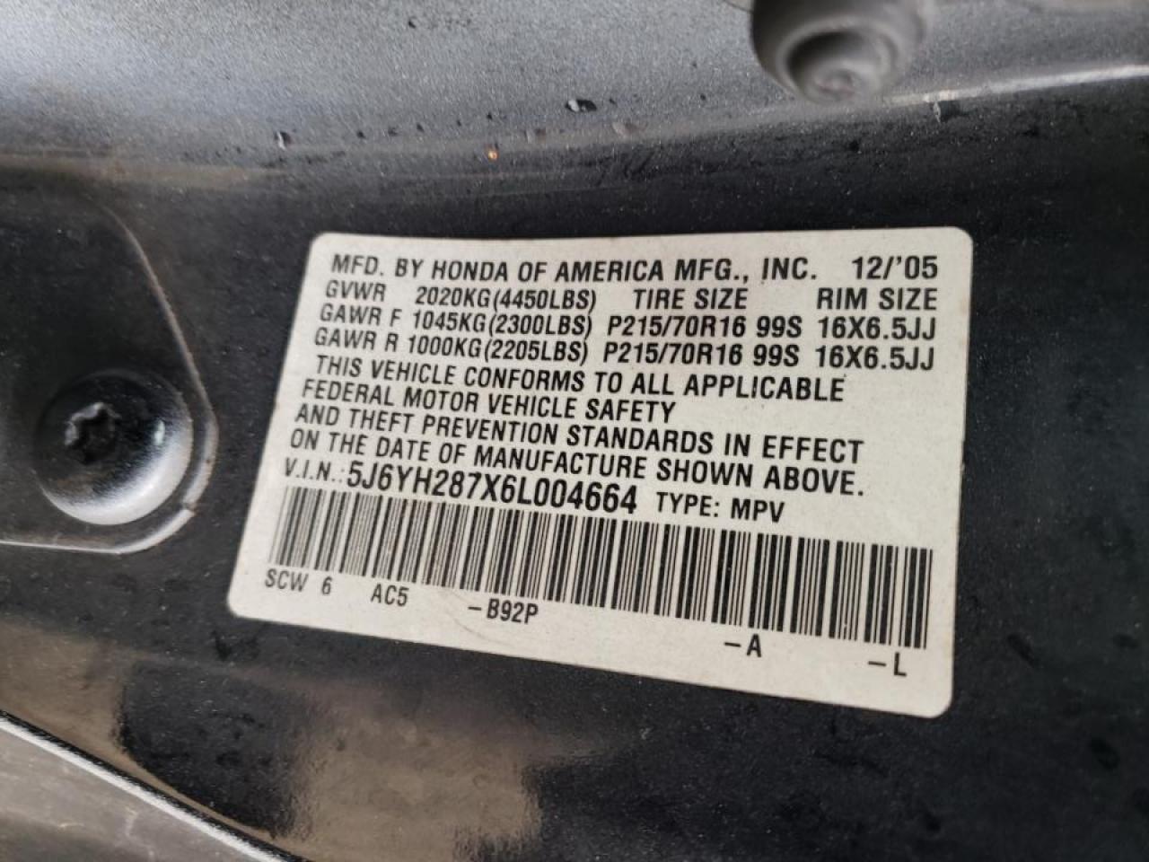 Photo 10 from auction – 2006 HONDA ELEMENT EX with VIN 5J6YH287X6L004664
