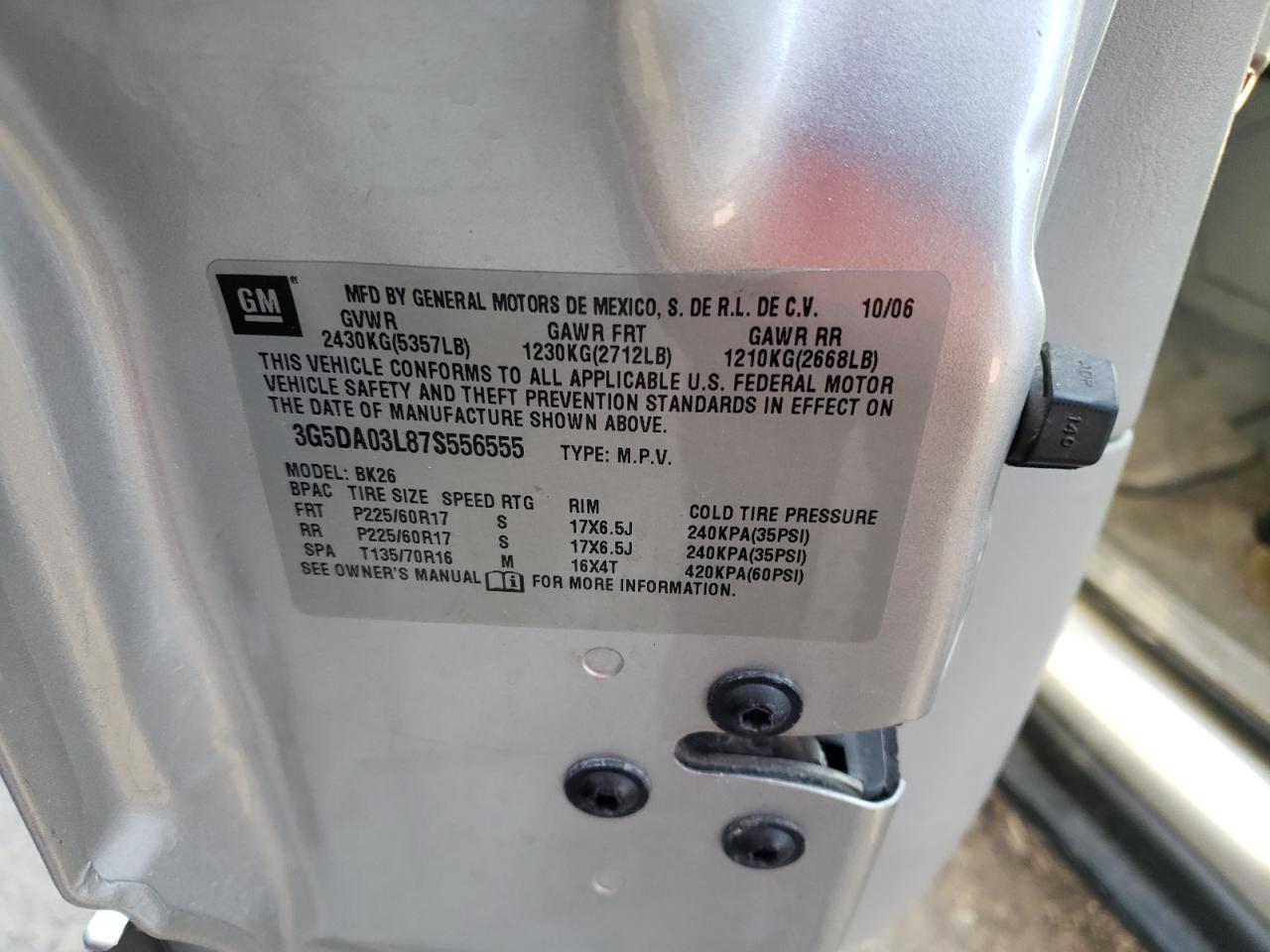 Photo 10 from auction – 2007 BUICK RENDEZVOUS with VIN 3G5DA03L87S556555