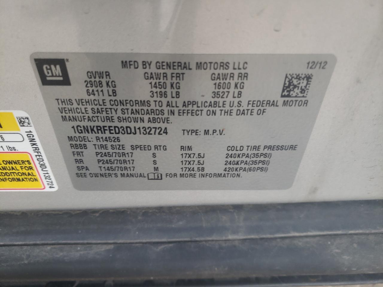 Photo 10 from auction – 2013 CHEVROLET TRAVERSE L with VIN 1GNKRFED3DJ132724