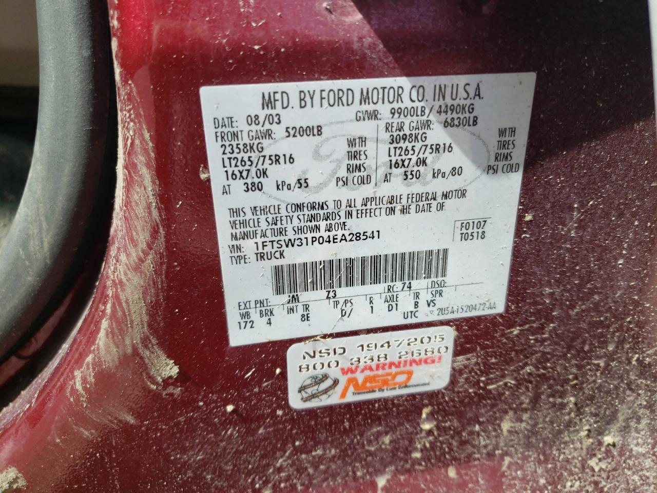 Photo 10 from auction – 2004 FORD F350 SRW S with VIN 1FTSW31P04EA28541