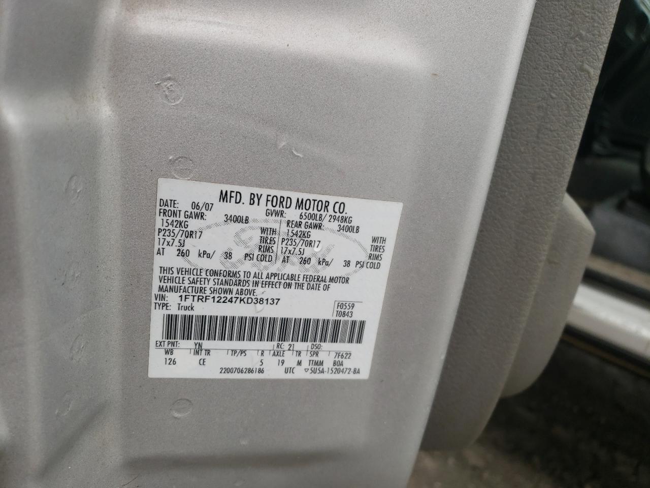 Photo 10 from auction – 2007 FORD F150 with VIN 1FTRF12247KD38137