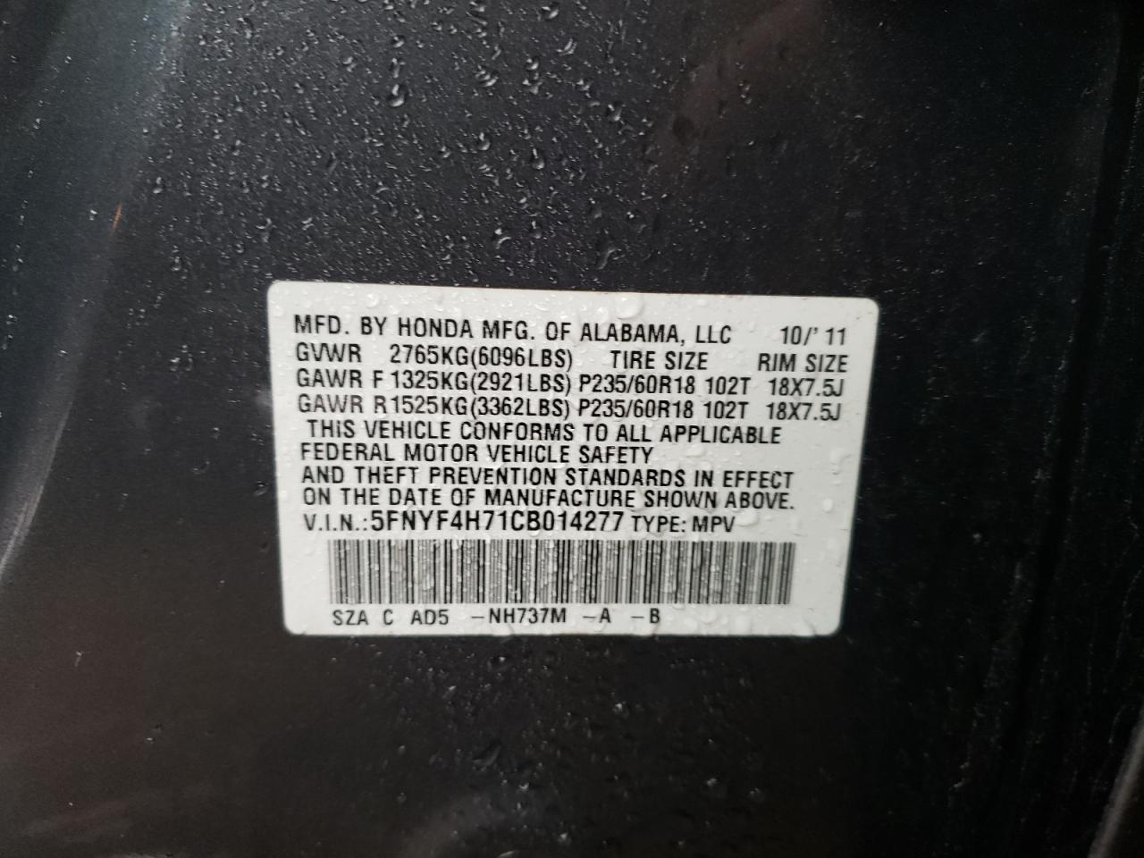 Photo 10 from auction – 2012 HONDA PILOT EXLN with VIN 5FNYF4H71CB014277