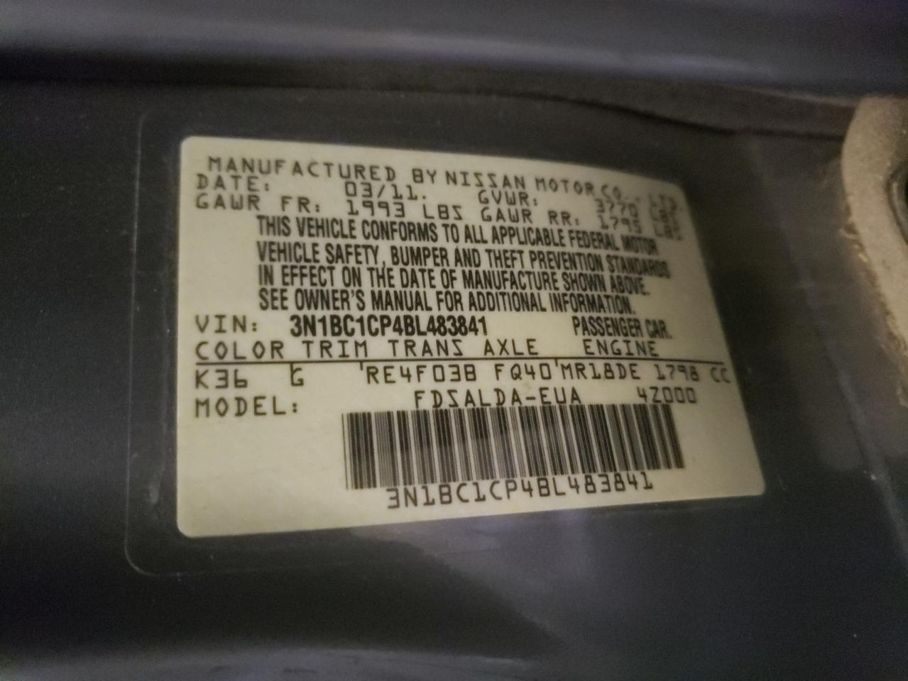 Photo 10 from auction – 2011 NISSAN VERSA S with VIN 3N1BC1CP4BL483841