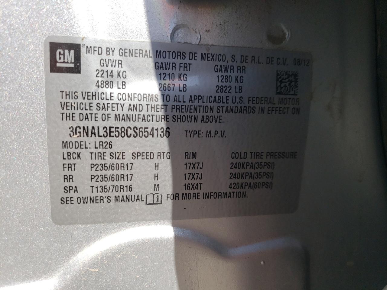 Photo 10 from auction – 2012 CHEVROLET CAPTIVA SP with VIN 3GNAL3E58CS654136