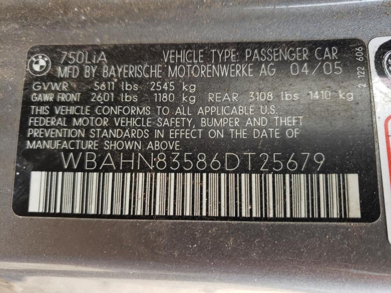 Photo 10 from auction – 2006 BMW 750 with VIN WBAHN83586DT25679
