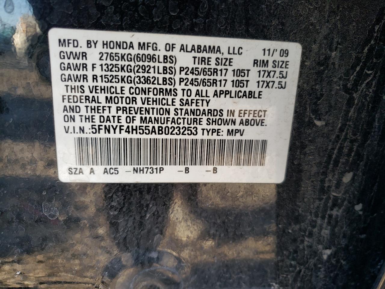 Photo 10 from auction – 2010 HONDA PILOT EXL with VIN 5FNYF4H55AB023253