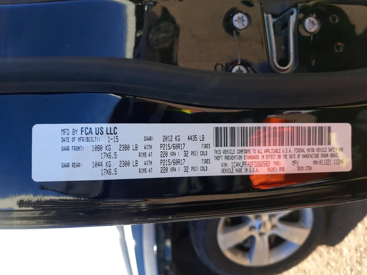 Photo 10 from auction – 2015 JEEP PATRIOT LA with VIN 1C4NJPFA2FD262583