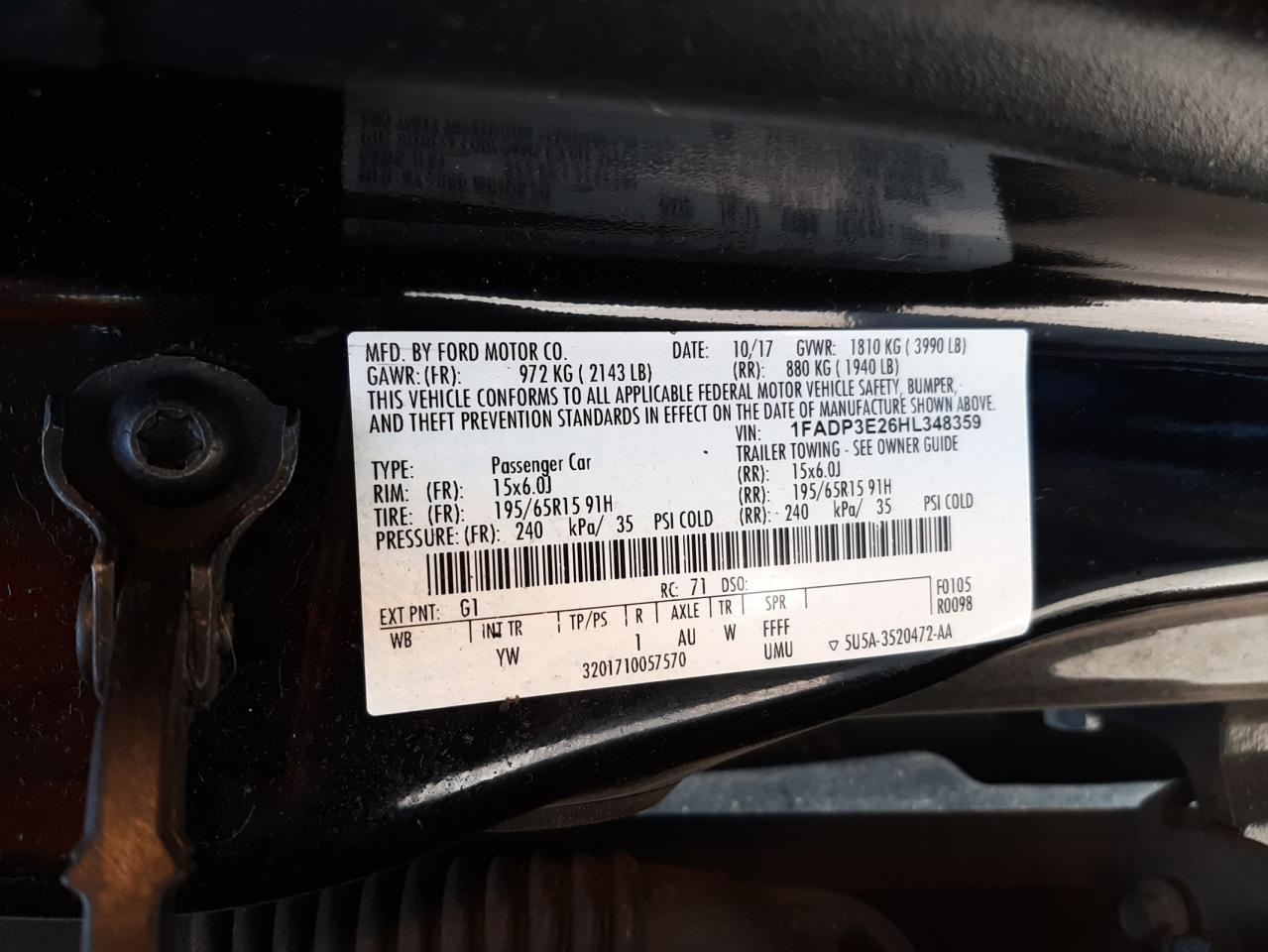 Photo 10 from auction – 2017 FORD FOCUS S with VIN 1FADP3E26HL348359