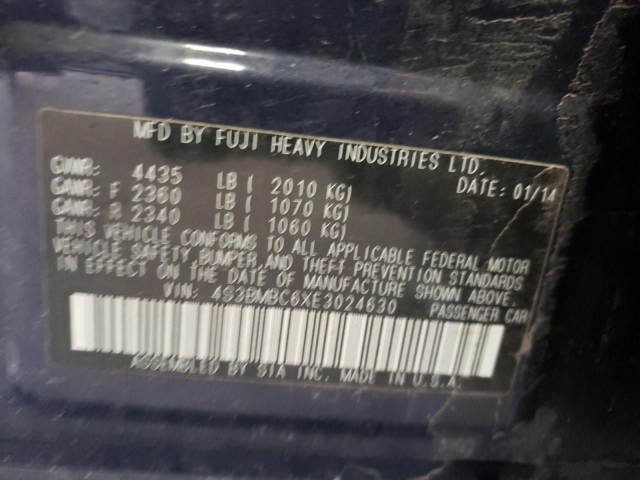 Photo 10 from auction – 2014 SUBARU LEGACY 2.5 with VIN 4S3BMBC6XE3024630