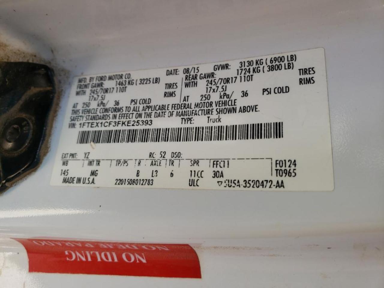 Photo 10 from auction – 2015 FORD F150 SUPER with VIN 1FTEX1CF3FKE25393