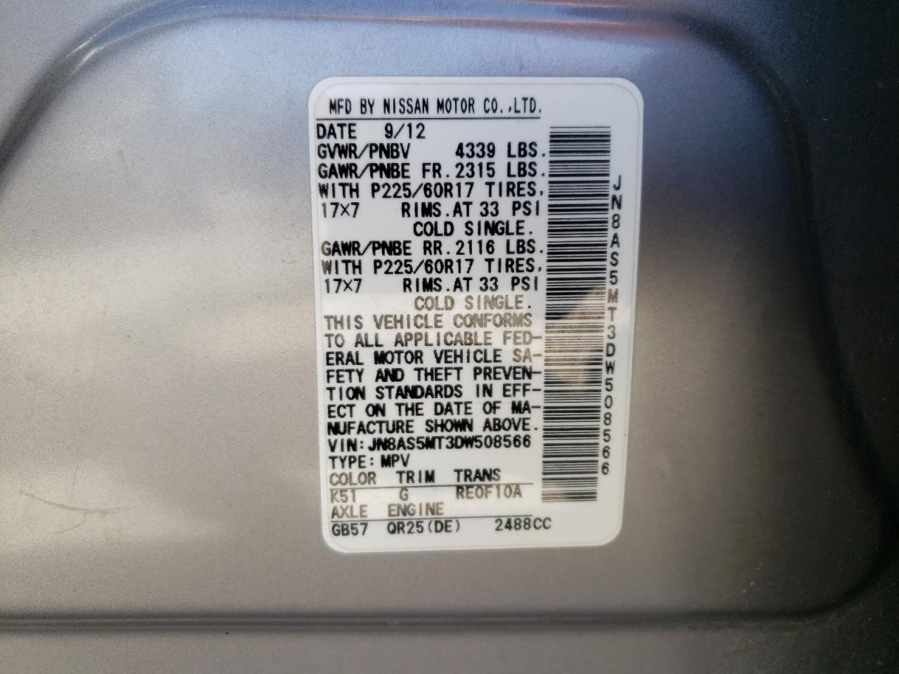 Photo 20 from auction – 2013 NISSAN ROGUE S with VIN JN8AS5MT3DW508566