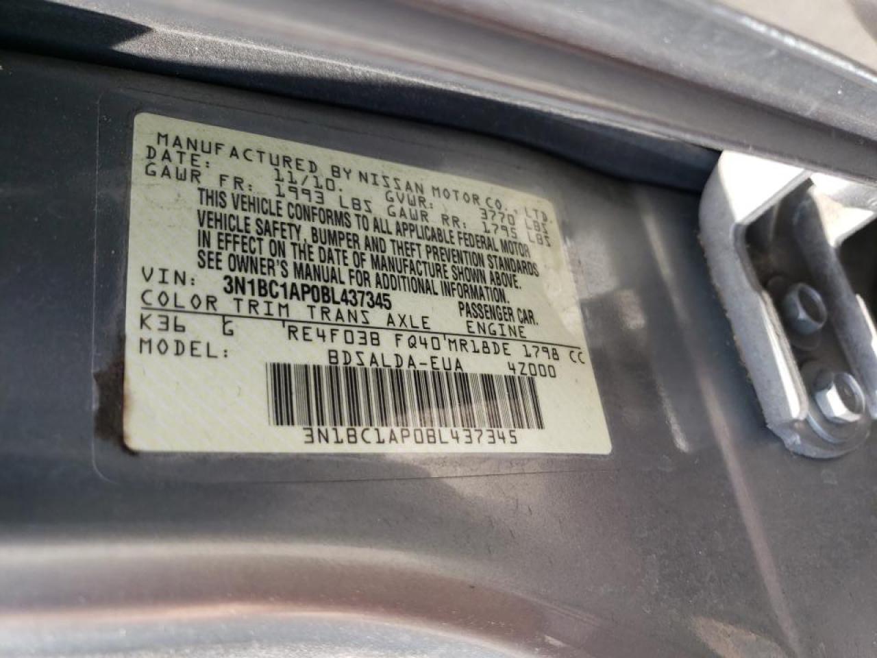 Photo 10 from auction – 2011 NISSAN VERSA S with VIN 3N1BC1AP0BL437345