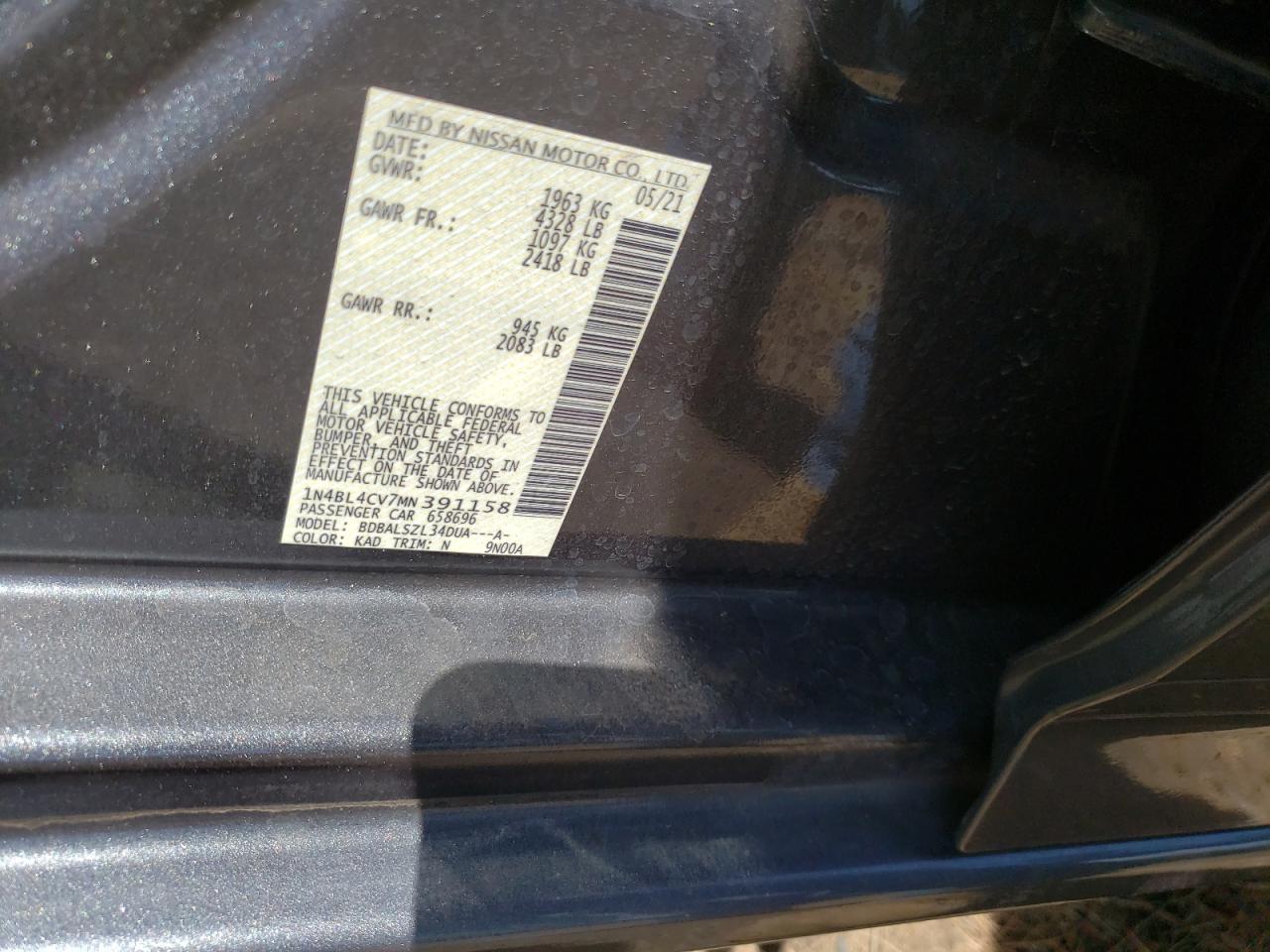 Photo 10 from auction – 2021 NISSAN ALTIMA SR with VIN 1N4BL4CV7MN391158