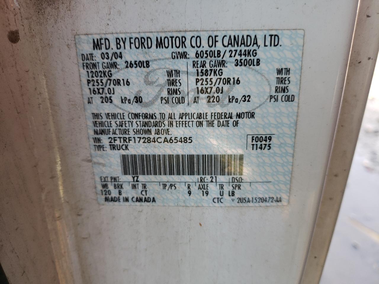 Photo 10 from auction – 2004 FORD F-150 HERI with VIN 2FTRF17284CA65485