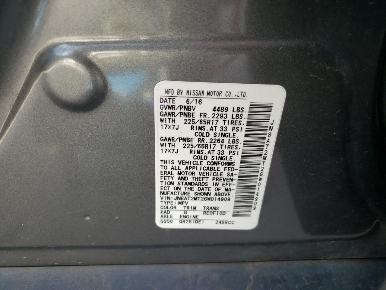 Photo 10 from auction – 2016 NISSAN ROGUE S with VIN JN8AT2MT2GW014909