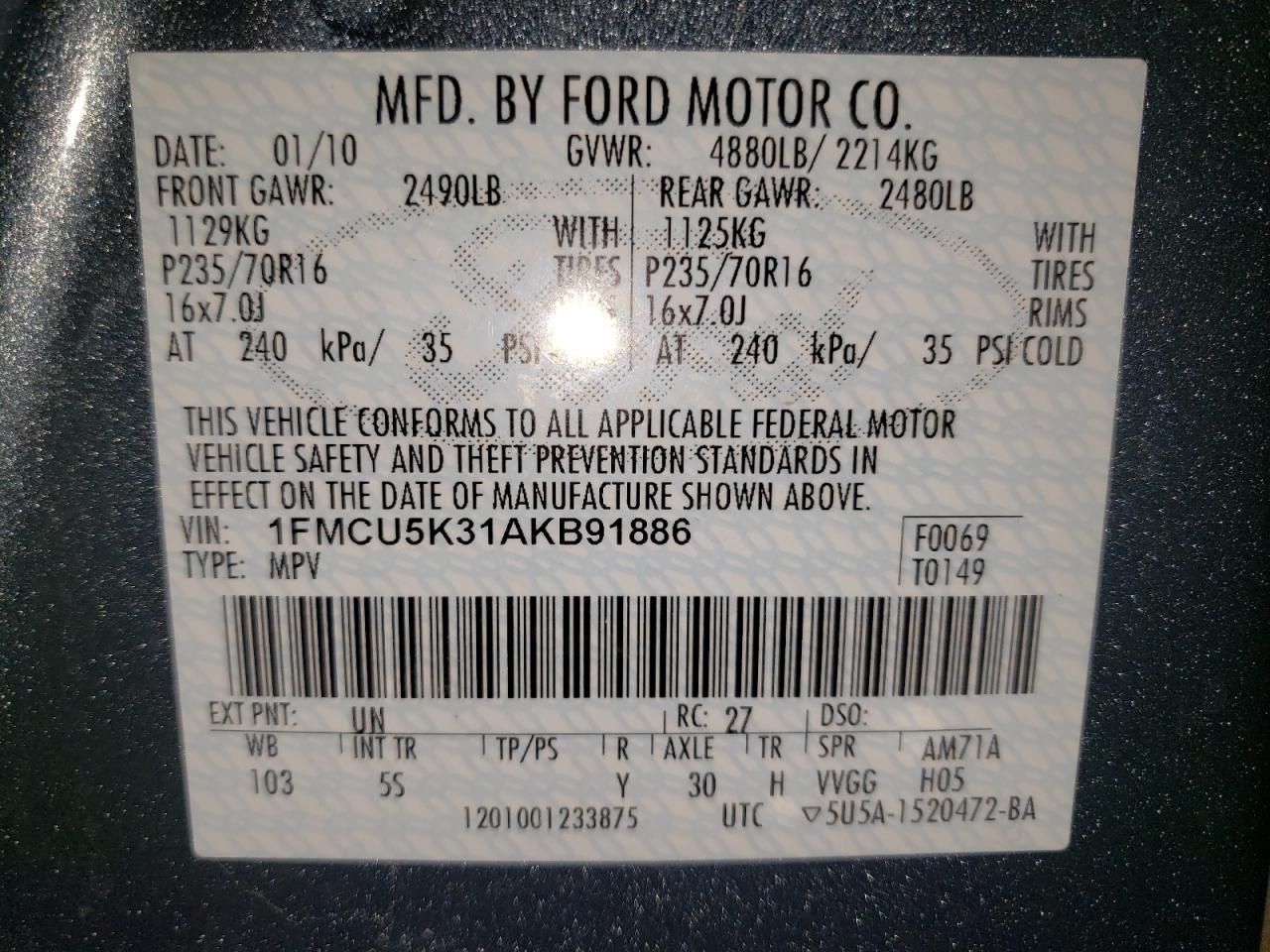 Photo 10 from auction – 2010 FORD ESCAPE HYB with VIN 1FMCU5K31AKB91886