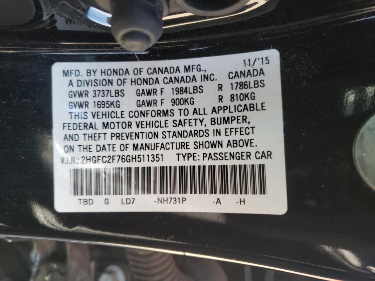 Photo 10 from auction – 2016 HONDA CIVIC EX with VIN 2HGFC2F76GH511351