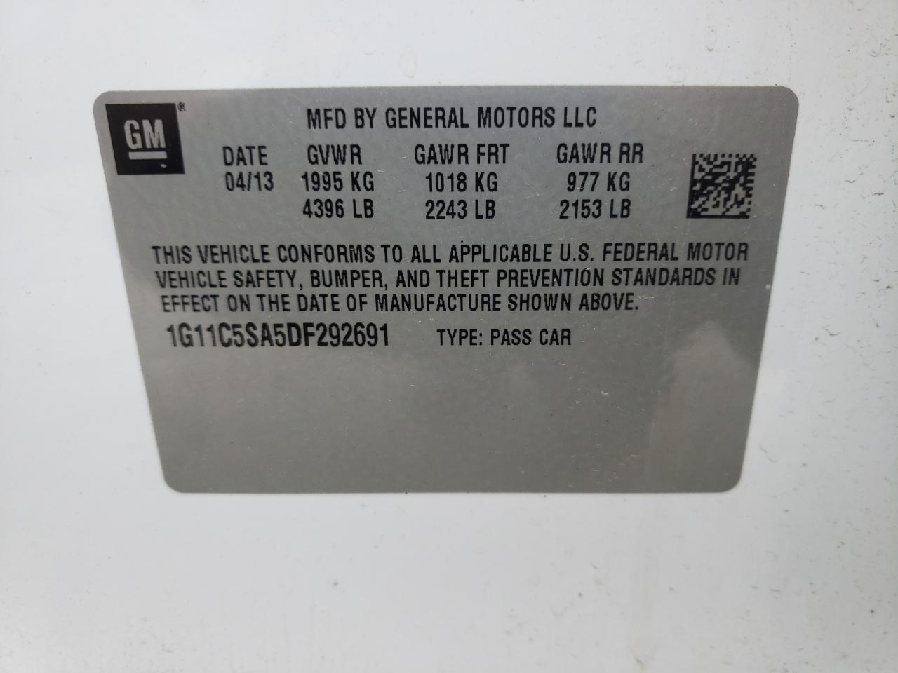 Photo 10 from auction – 2013 CHEVROLET MALIBU 1LT with VIN 1G11C5SA5DF292691