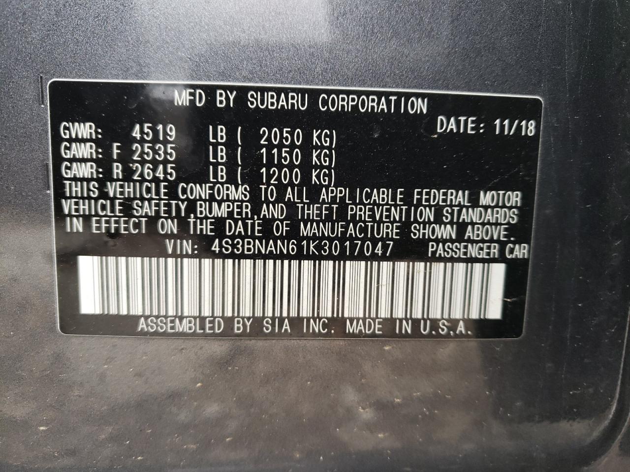 Photo 10 from auction – 2019 SUBARU LEGACY 2.5 with VIN 4S3BNAN61K3017047
