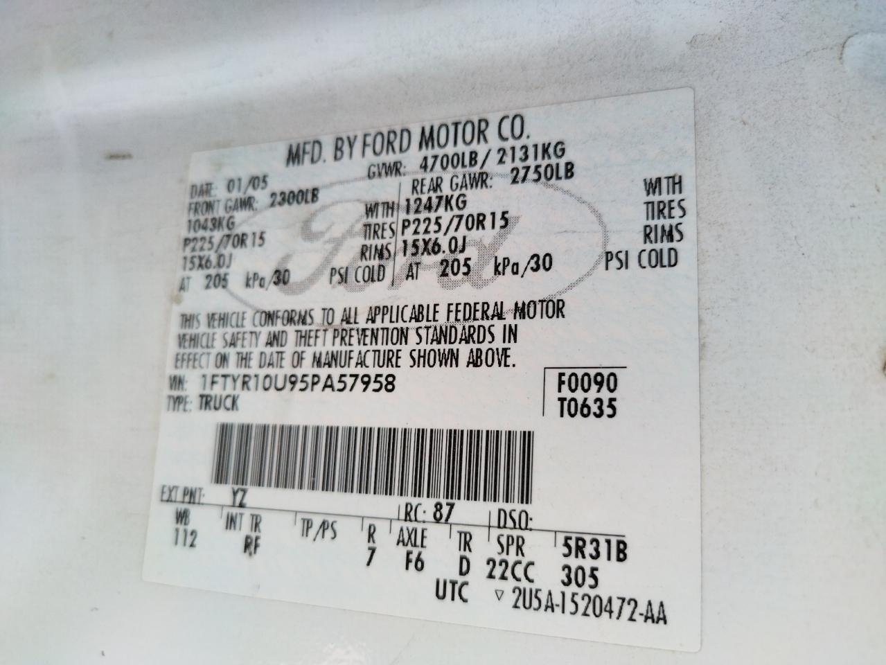 Photo 10 from auction – 2005 FORD RANGER with VIN 1FTYR10U95PA57958