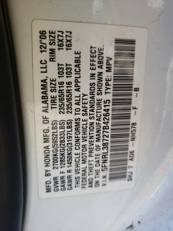 Photo 10 from auction – 2007 HONDA ODYSSEY EX with VIN 5FNRL38727B426415