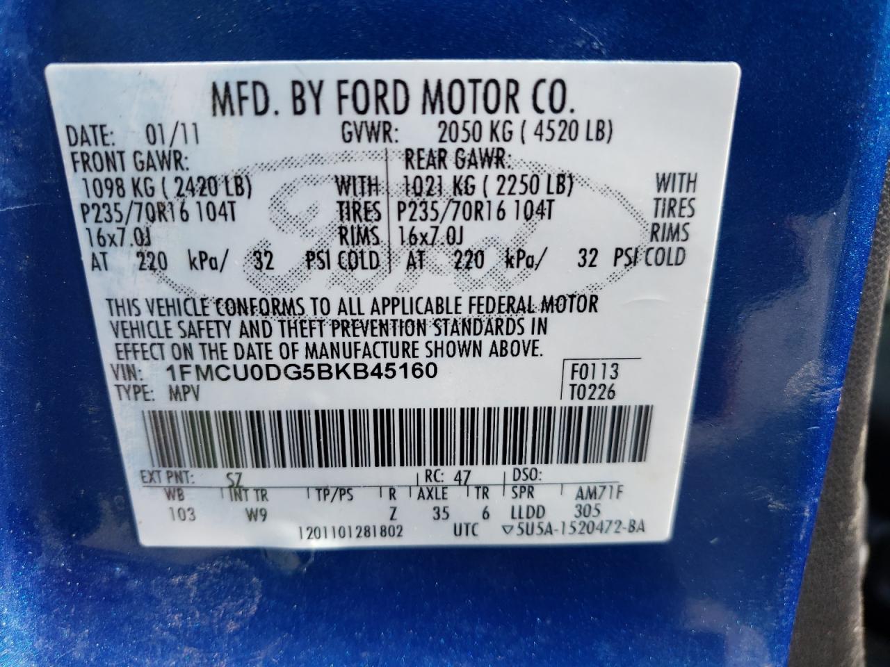 Photo 10 from auction – 2011 FORD ESCAPE XLT with VIN 1FMCU0DG5BKB45160