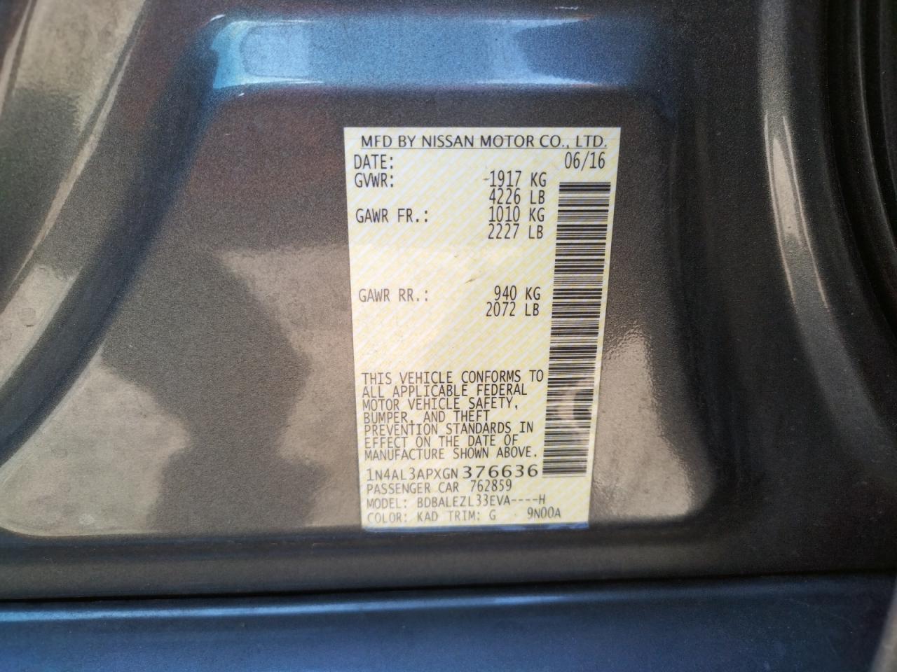 Photo 10 from auction – 2016 NISSAN ALTIMA 2.5 with VIN 1N4AL3APXGN376636