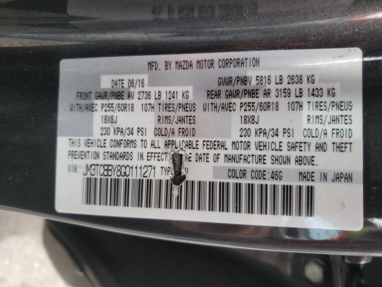 Photo 10 from auction – 2016 MAZDA CX-9 TOURI with VIN JM3TCBBY8G0111271