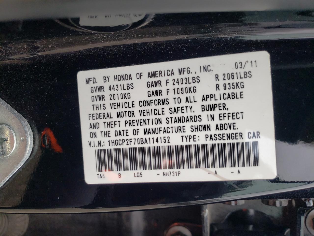 Photo 10 from auction – 2011 HONDA ACCORD EX with VIN 1HGCP2F70BA114152