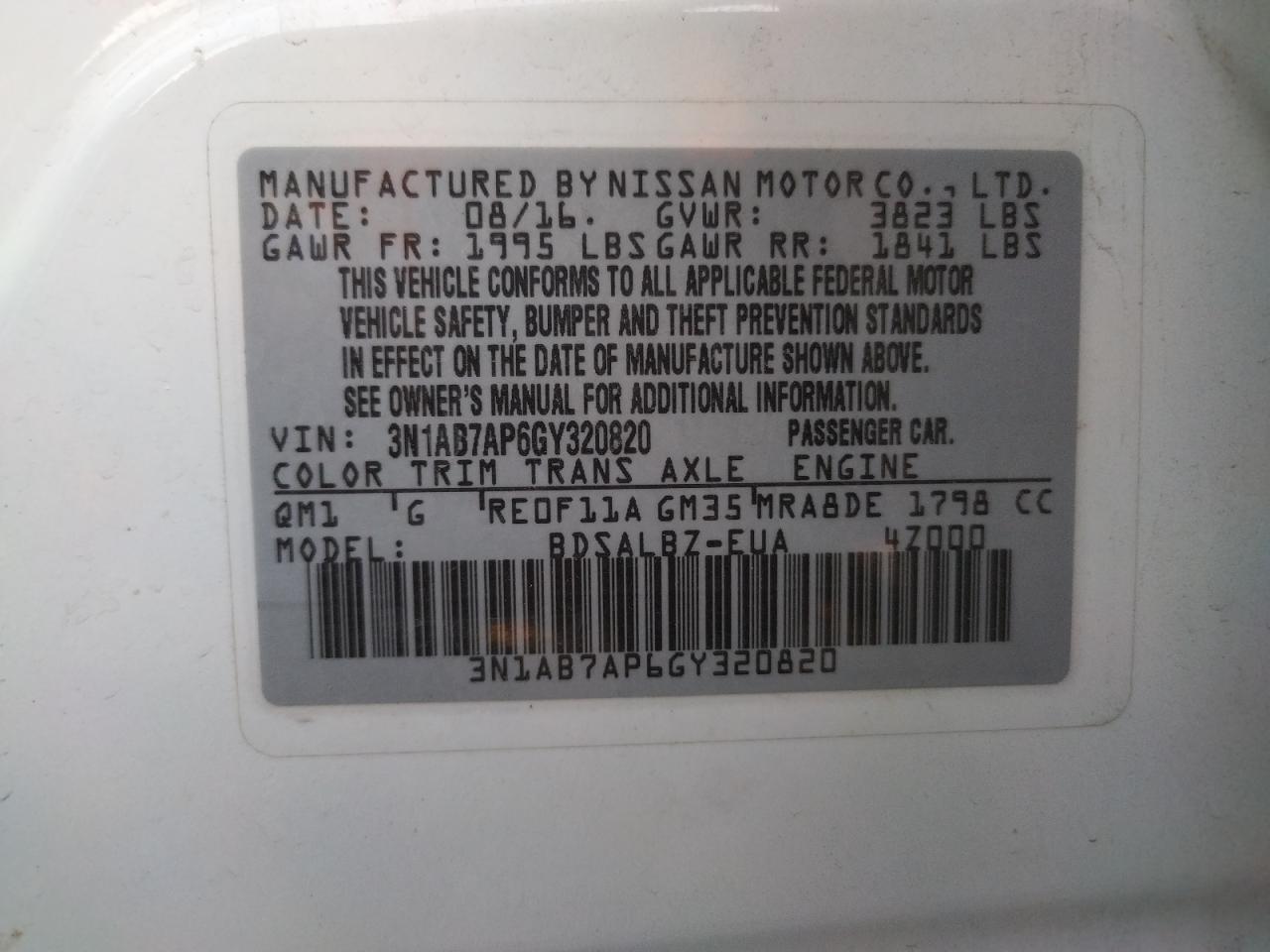 Photo 10 from auction – 2016 NISSAN SENTRA with VIN 3N1AB7AP6GY320820