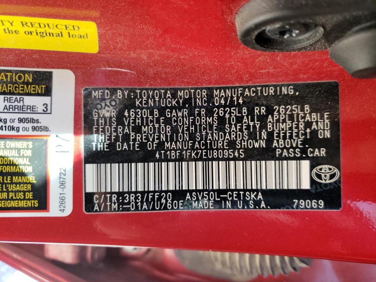 Photo 10 from auction – 2014 TOYOTA CAMRY L with VIN 4T1BF1FK7EU809545