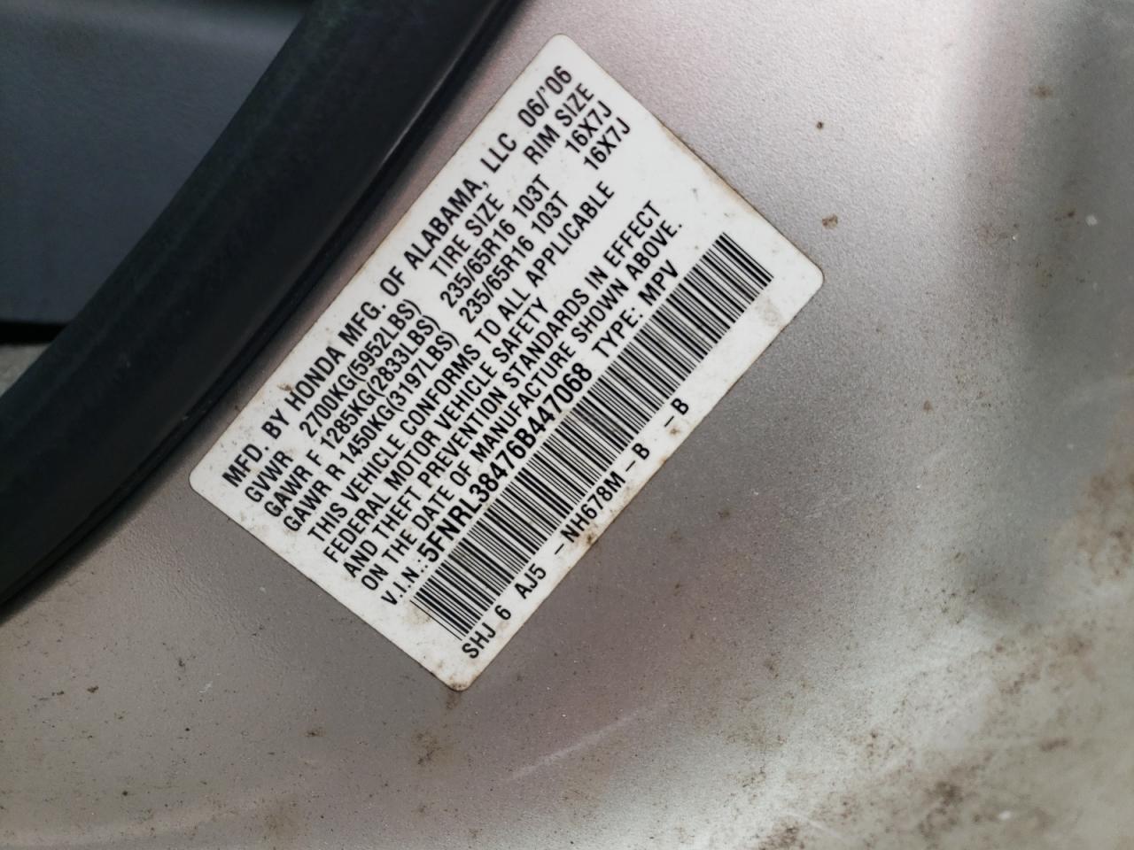Photo 10 from auction – 2006 HONDA ODYSSEY EX with VIN 5FNRL38476B447068