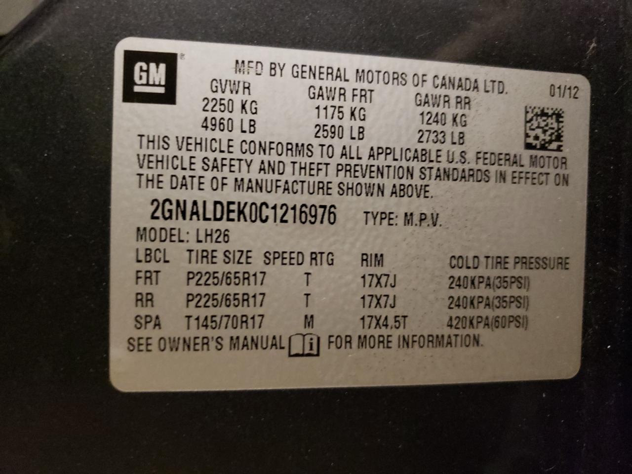Photo 10 from auction – 2012 CHEVROLET EQUINOX LT with VIN 2GNALDEK0C1216976